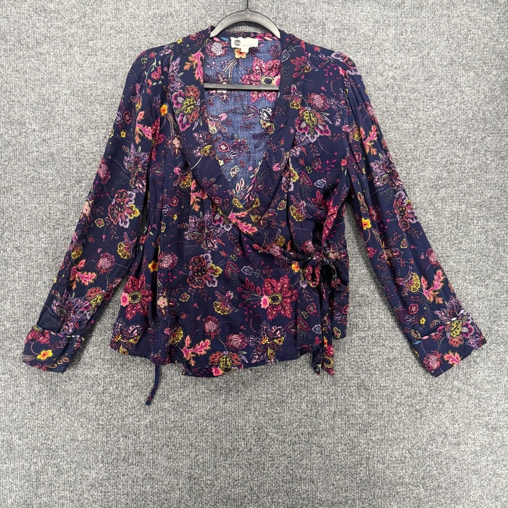 Floreat Blouse Top Womens M Blue Floral Wrap V-Neck Boho Cottagecore Peasant